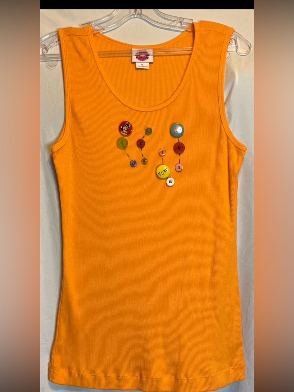 Fiorucci Ribbed Tank Top Orange with Pins & Buttons Y2K Vintage Sz XL